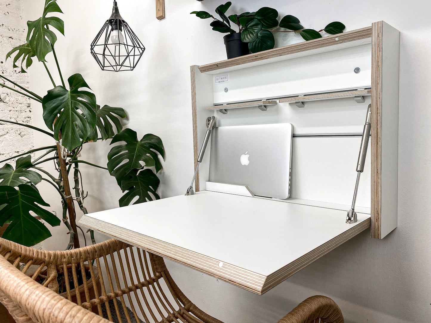 Small Folding Wall Mounted Desk with Shelves - White