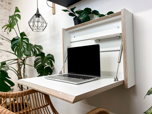 Small Folding Wall Mounted Desk with Shelves - White