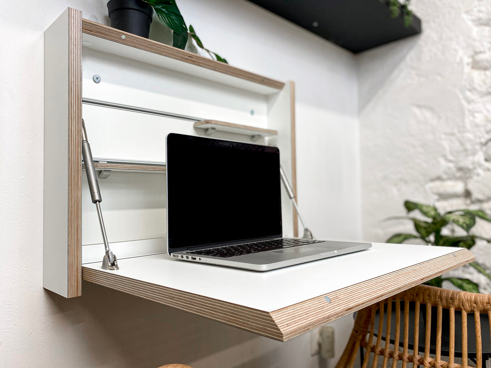 Small Folding Wall Mounted Desk with Shelves - White