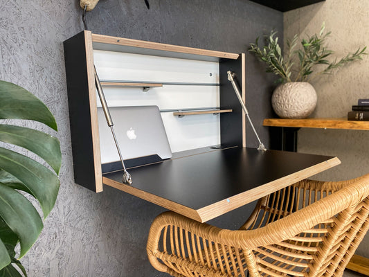 Folding wall desk with shelves - Black